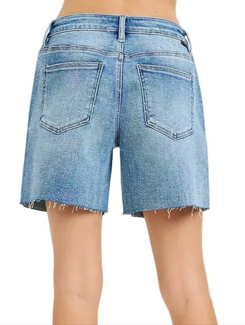 Risen Rhinestone Speckled Baggy Raw Hem Mid Length Weekend Sparkle Denim Shorts